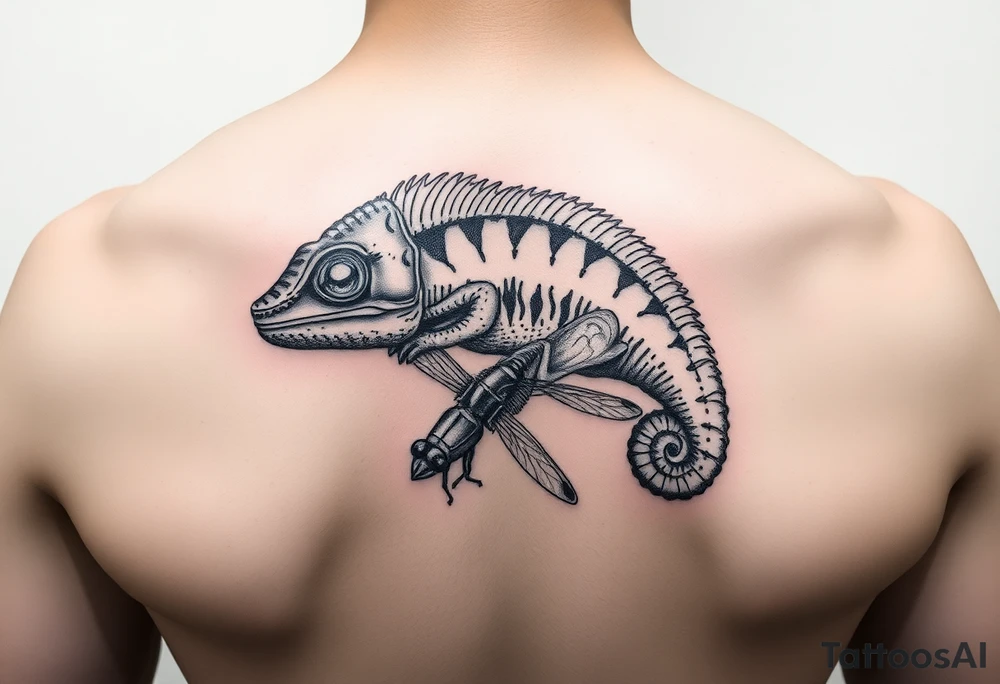 Hyper realistic chameleon eating a dragonfly tattoo idea