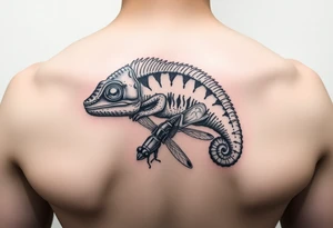 Hyper realistic chameleon eating a dragonfly tattoo idea