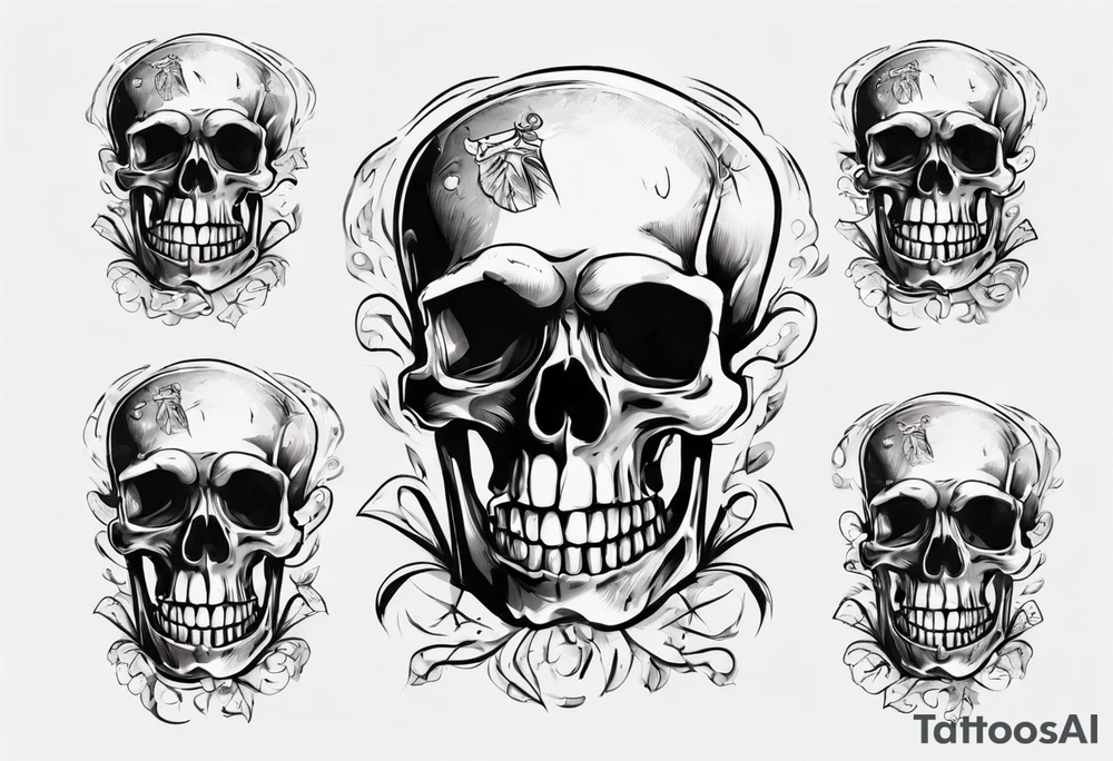 A smiling looking to the left scull inside the glass with alcohol and piece of lime tattoo idea