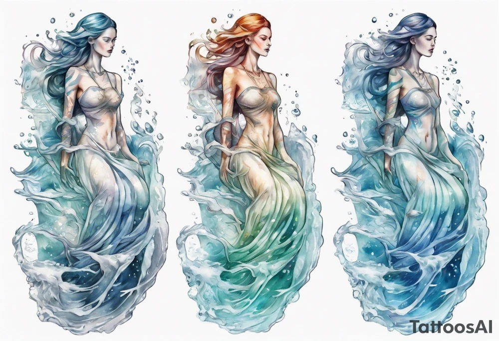 a tall translucent woman made of glass covered with water, sitting upon a wave tattoo idea