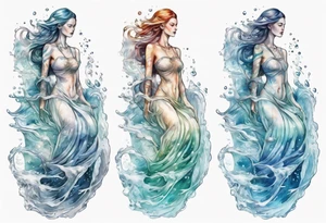 a tall translucent woman made of glass covered with water, sitting upon a wave tattoo idea