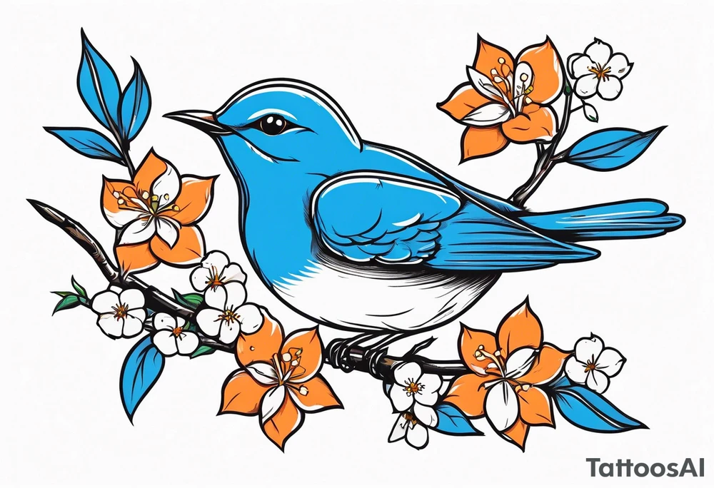 flying bluebird holding orange blossom branch with white blossoms and no fruit tattoo idea