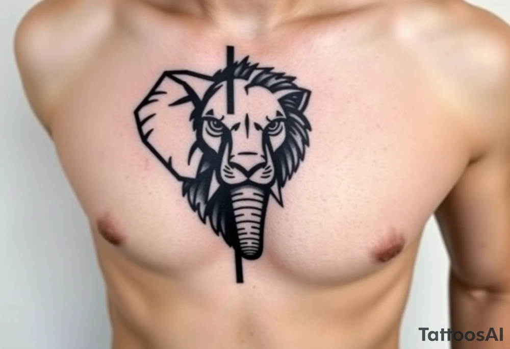 A half elephant half lion head divided by a vertical line on a ribcage using abstract geometric tattoo idea