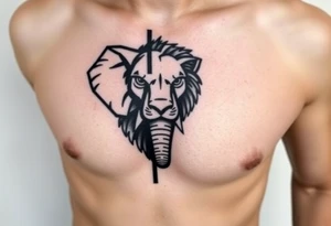 A half elephant half lion head divided by a vertical line on a ribcage using abstract geometric tattoo idea