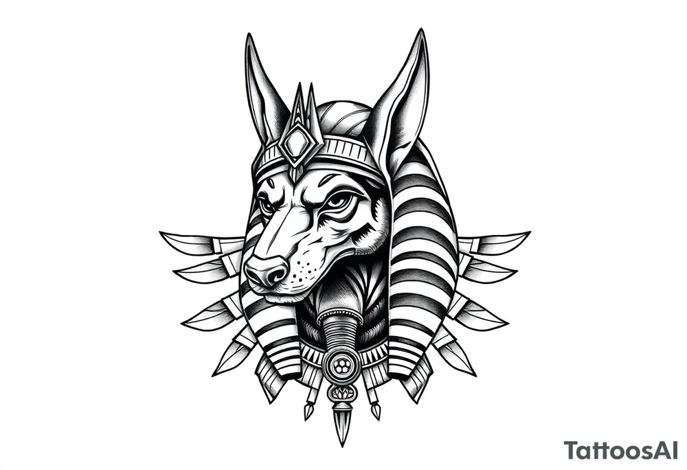 Egyptian Anubis god face muscle in Egypt style  with mantle on head

dog face surrounded Egyptian symbols based on elements tattoo idea