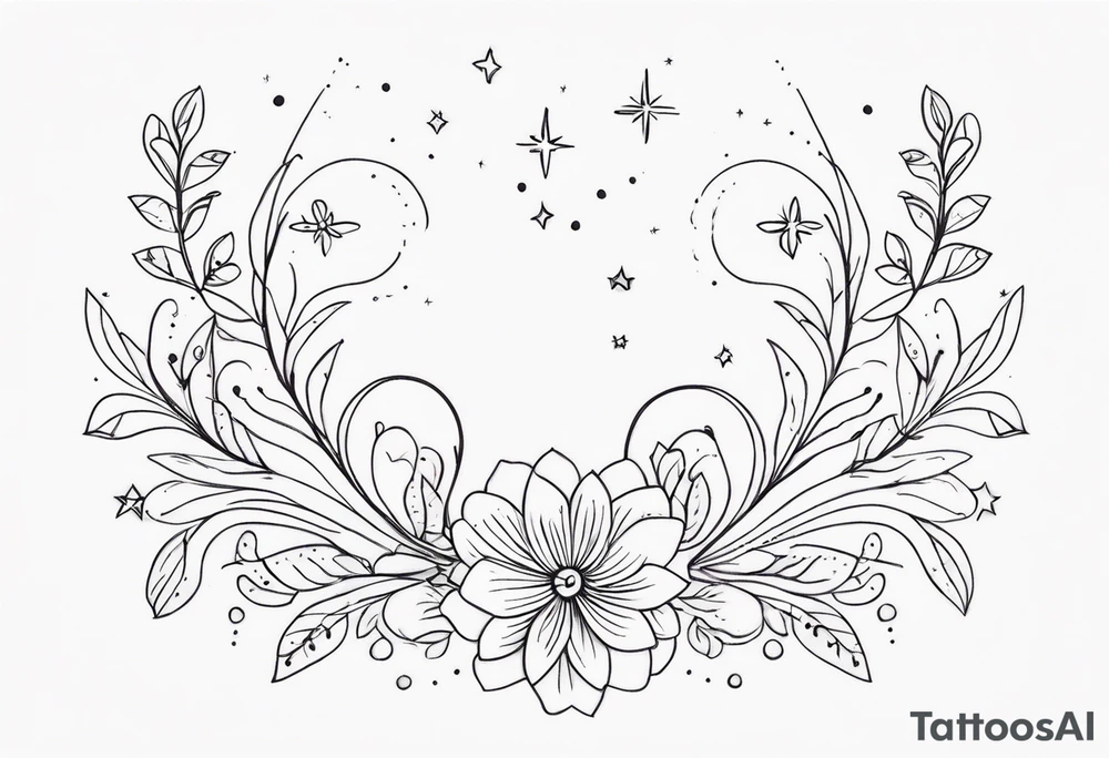 fine line floral with stars, swirls, dots tattoo idea