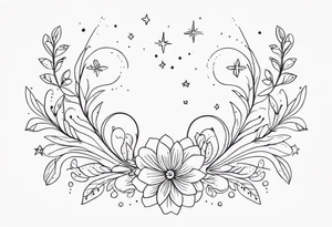 fine line floral with stars, swirls, dots tattoo idea
