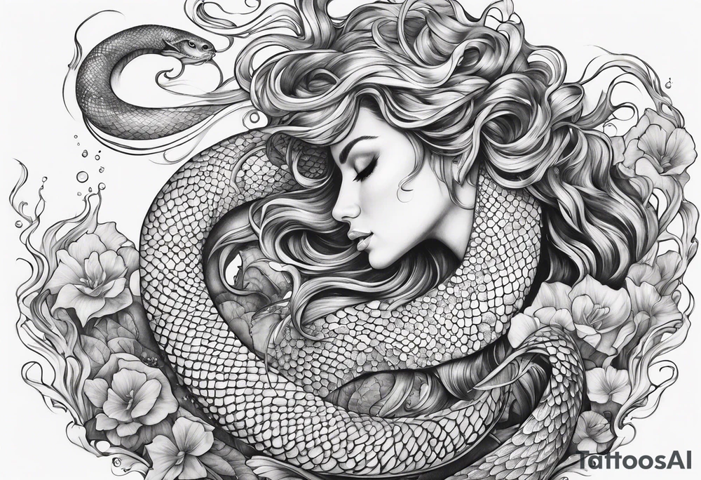 underwater, flowing serpent tail mermaid tattoo idea