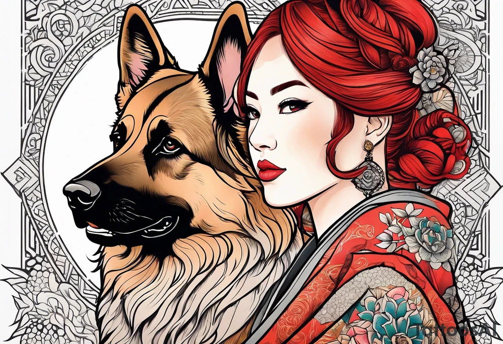 red hair woman with German shepherd dog tattoo idea