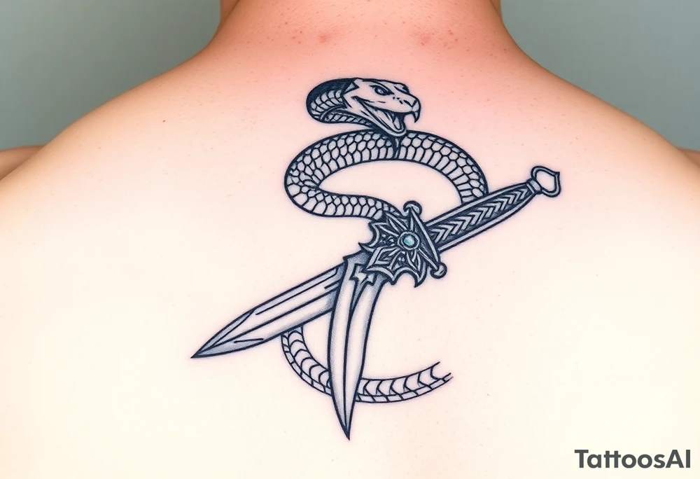 mystical snake coiled around an ancient dagger with jeweled hilt tattoo idea