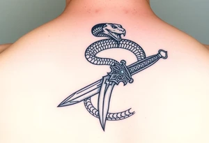 mystical snake coiled around an ancient dagger with jeweled hilt tattoo idea