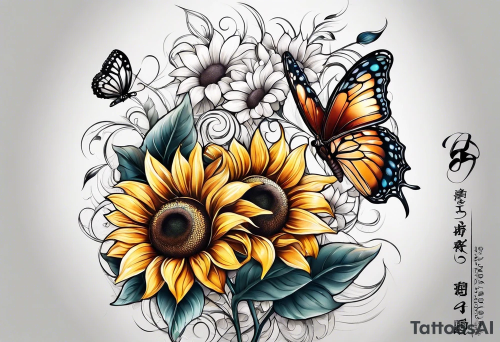 Sunflower and butterfly leg sleeve tattoo idea