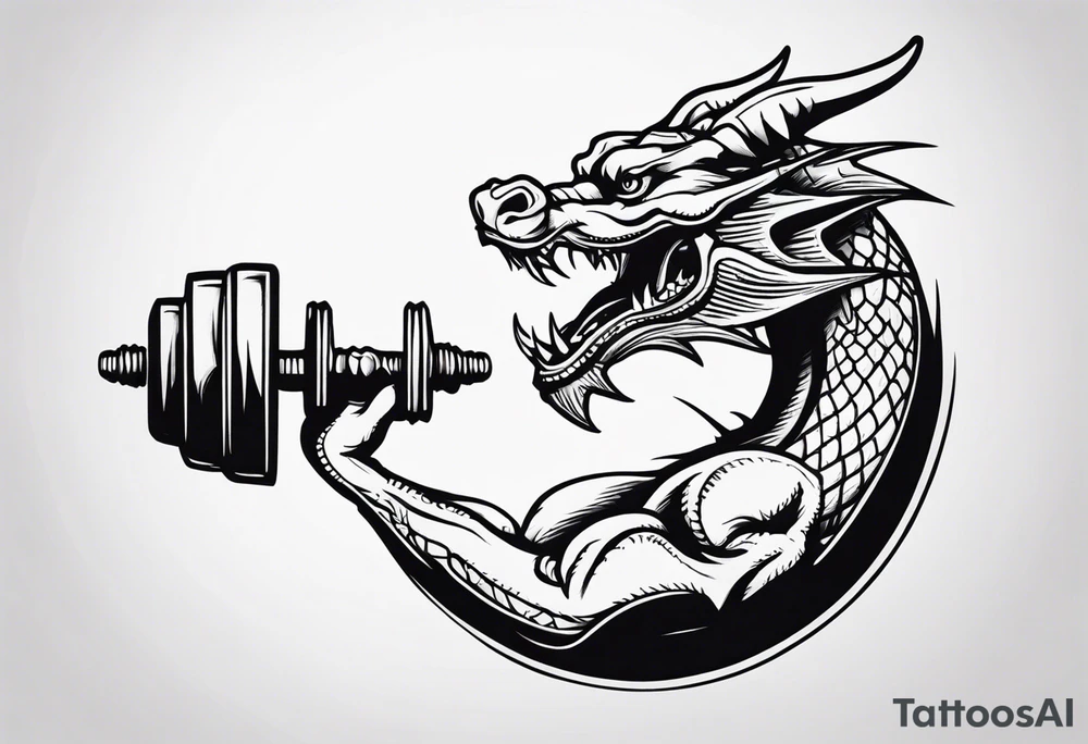 Simple Dragon biting a dumbbell tattoo idea