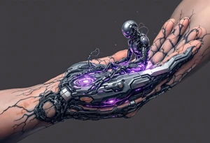 A biomechanical structure crawling up from the palm in brushed aluminum, surrounded by glowing violet circuitry and torn muscle detail. tattoo idea