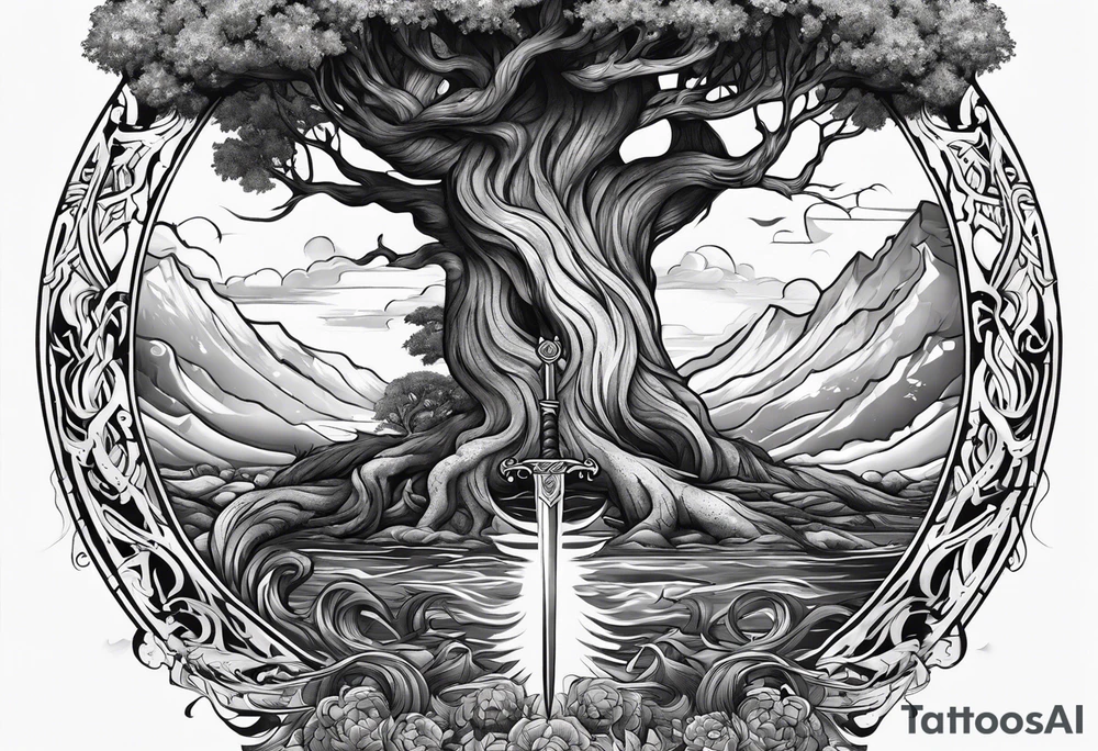 Yggdrasil growing around pisces sing and a long sword underneath tattoo idea