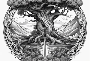 Yggdrasil growing around pisces sing and a long sword underneath tattoo idea