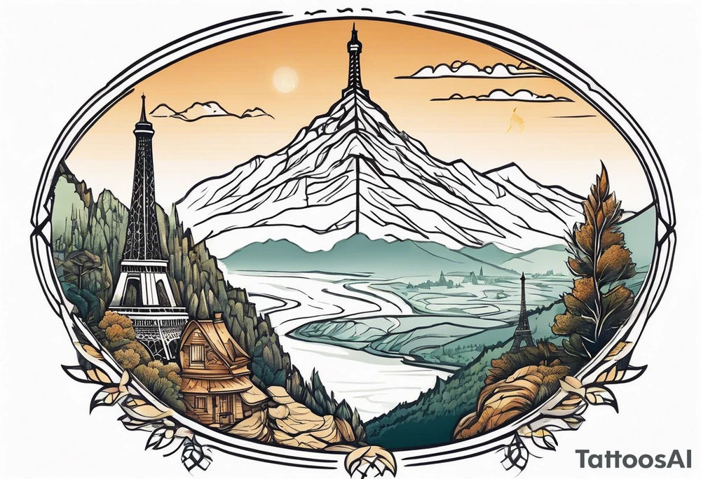 panoramic view of eagle's nest, eiffel tower and mountains with a river beneath tattoo idea