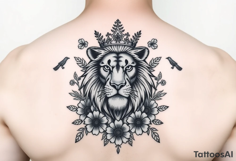 powerful majestic lion with a crown, surrounded by floral ornaments and birds tattoo idea