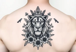 powerful majestic lion with a crown, surrounded by floral ornaments and birds tattoo idea