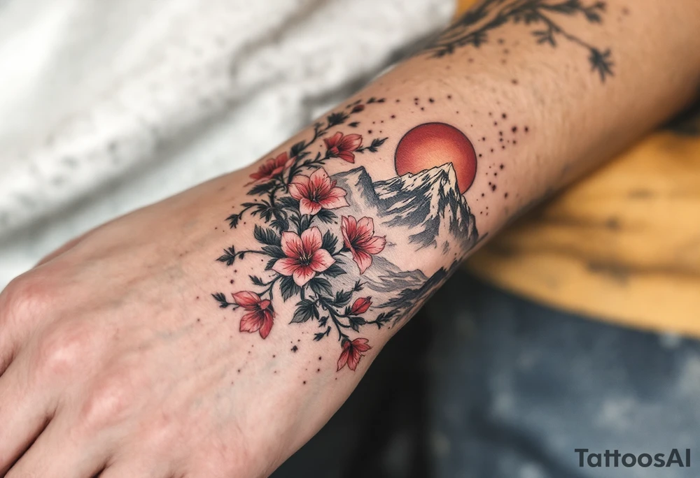 wrap around entire wrist red  and black rhododendron trippy with Himalayas behind tattoo idea