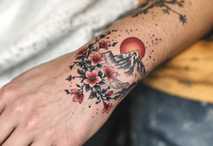 wrap around entire wrist red  and black rhododendron trippy with Himalayas behind tattoo idea