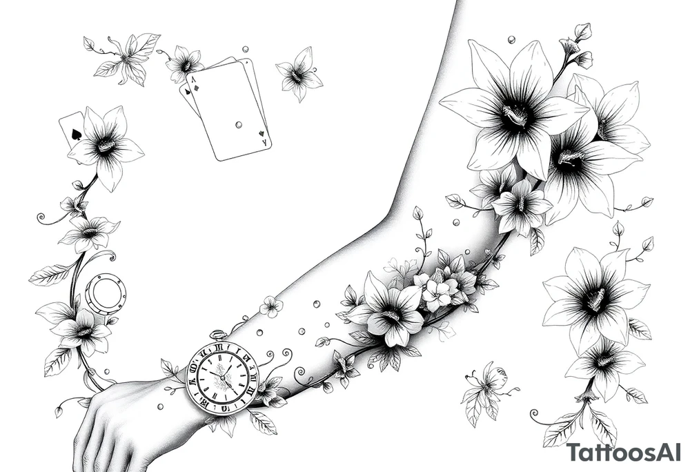 Casino only theme , poker chips deck of cards dice a pocket watch
 with lily flowers
 with raindrop swirls and butterfly’s tattoo idea