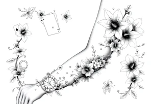 Casino only theme , poker chips deck of cards dice a pocket watch
 with lily flowers
 with raindrop swirls and butterfly’s tattoo idea