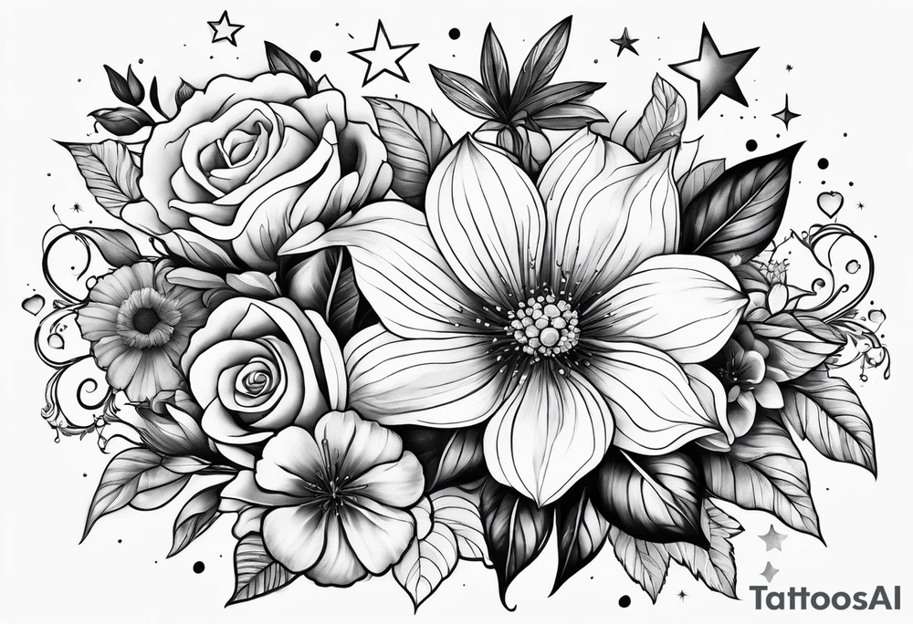 Collage of flowers and stars tattoo idea