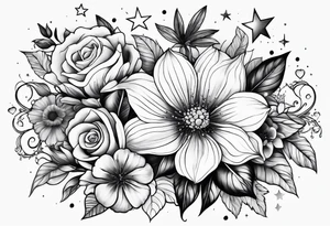 Collage of flowers and stars tattoo idea