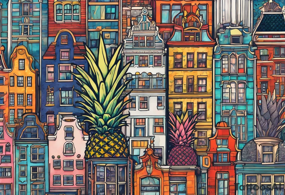 glass animals featuring colours of the universe and galaxies and pineapples in amsterdam city featuring Amsterdam buildings and canal tattoo idea
