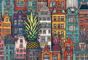 glass animals featuring colours of the universe and galaxies and pineapples in amsterdam city featuring Amsterdam buildings and canal tattoo idea