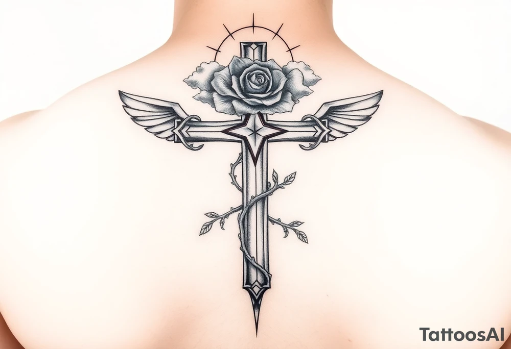 A very detailed cross with thorns vines from a rose with a halo above it and clouds around it and possibly wings on the sides or no wings in the sides but is a very detailed tattoo for my shoulder tattoo idea