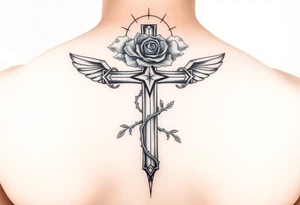 A very detailed cross with thorns vines from a rose with a halo above it and clouds around it and possibly wings on the sides or no wings in the sides but is a very detailed tattoo for my shoulder tattoo idea
