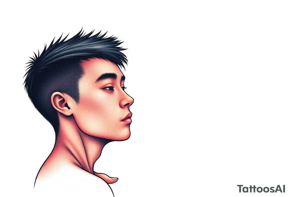 Handsome Asian young guy is standing on his knees sorry tattoo idea