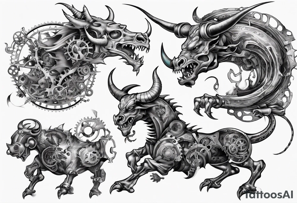 mECHANIZED DRAGON FIGHTING STEAM PUNK BULL tattoo idea