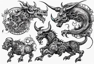 mECHANIZED DRAGON FIGHTING STEAM PUNK BULL tattoo idea