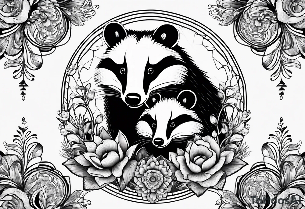 A trippy tattoo of a badger with a cub, flowers in fractal pattern tattoo idea