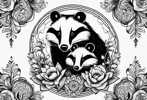 A trippy tattoo of a badger with a cub, flowers in fractal pattern tattoo idea