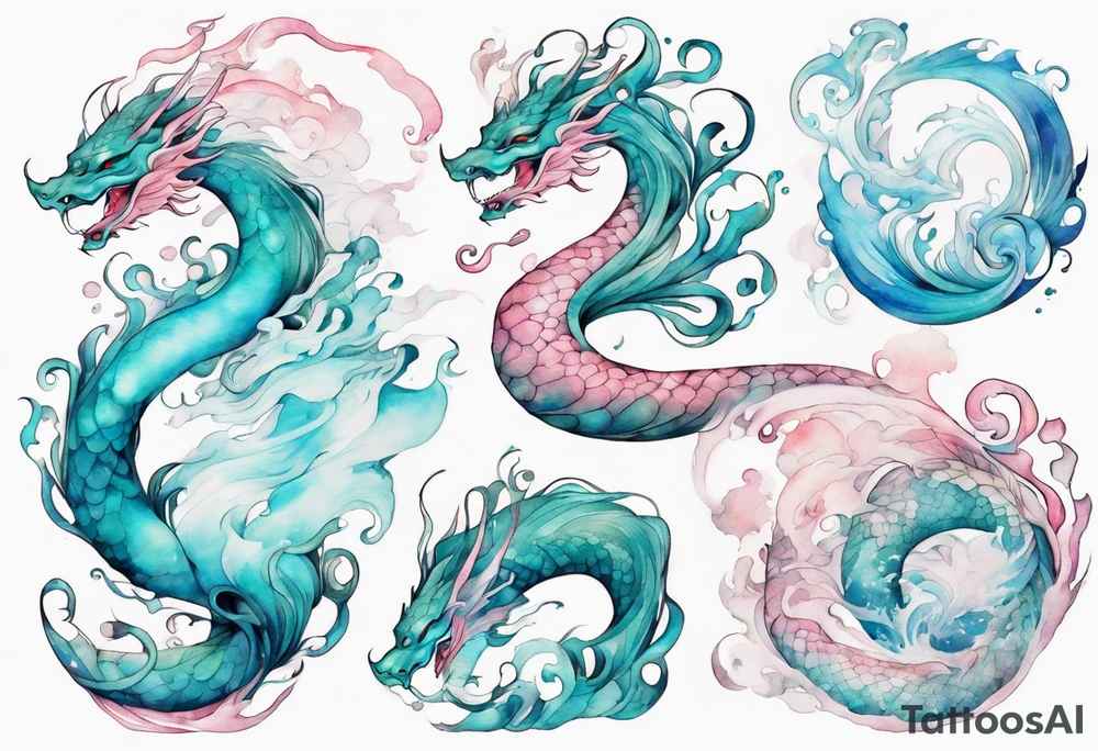 a beautiful turquoise and white and pink fairy serpent rising from the blue waves of the ocean tattoo idea