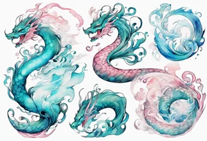 a beautiful turquoise and white and pink fairy serpent rising from the blue waves of the ocean tattoo idea