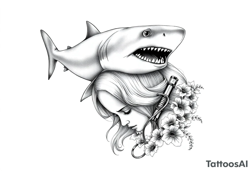 angry shark swimming over a depressed girls head, under water, divers summing around the girls head minding their business. tattoo idea