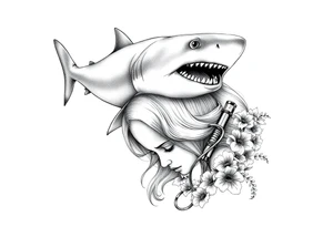 angry shark swimming over a depressed girls head, under water, divers summing around the girls head minding their business. tattoo idea