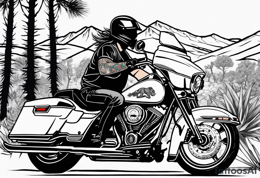 Full arm tattoo that insides:
Arizona flag 
Lion
Street glide Harley motorcycle 
Winding rode with cactus on one side and pine trees on the other 
Mountain 
Vanitas tattoo idea