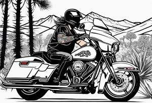 Full arm tattoo that insides:
Arizona flag 
Lion
Street glide Harley motorcycle 
Winding rode with cactus on one side and pine trees on the other 
Mountain 
Vanitas tattoo idea