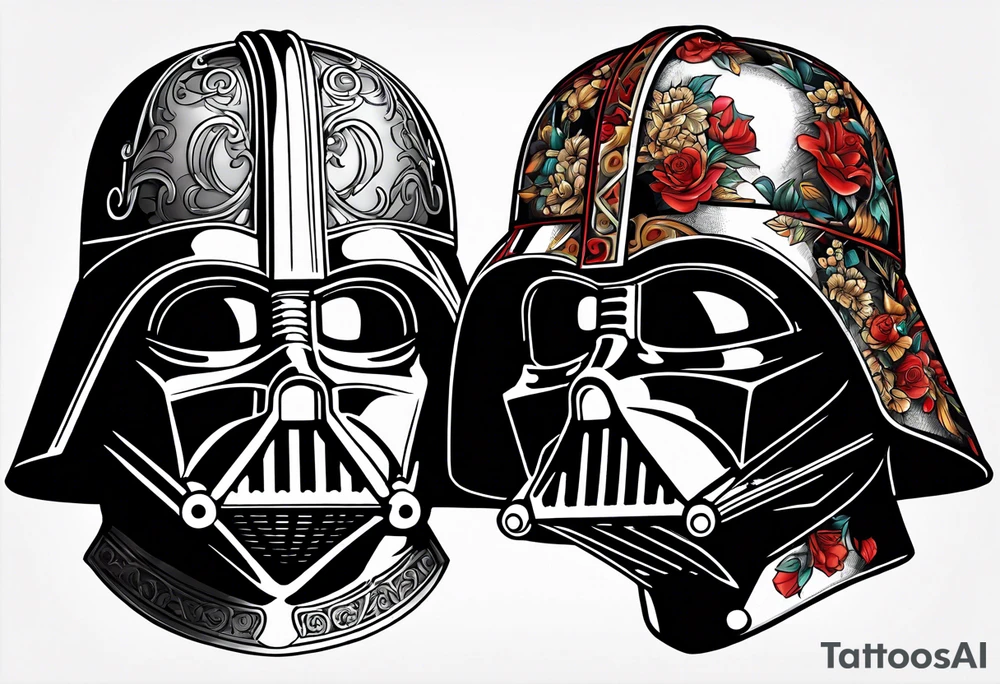 Darth Vader helmet cut in half and other half skull in Roman gladiator style tattoo idea
