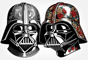 Darth Vader helmet cut in half and other half skull in Roman gladiator style tattoo idea
