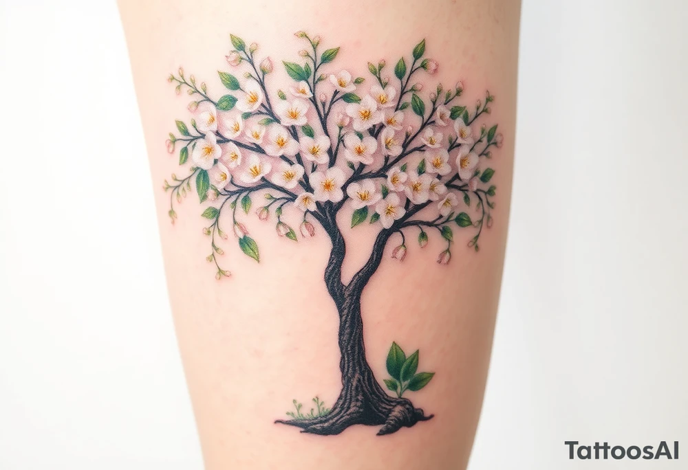 Flowering hawthorne tree with white lilly of the vally bell plants planted by  tree tattoo idea