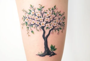 Flowering hawthorne tree with white lilly of the vally bell plants planted by  tree tattoo idea