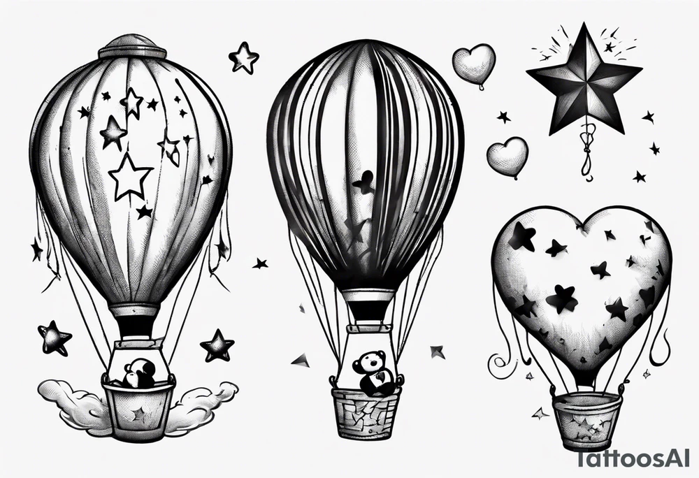 Hot water balloon with star and heart balloons and teddy inside the balloon tattoo idea