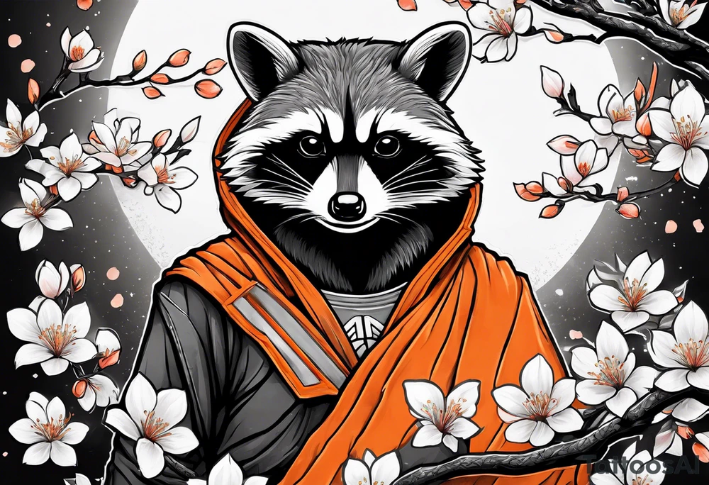 Raccoon wearing a white Superman logo on a black hoodie and orange Japanese cherry blossoms tattoo idea